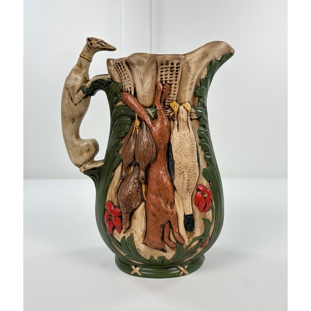 Vintage Majolica Game Hunting Pitcher Greyhound Dog Handle After The Hunt Jug